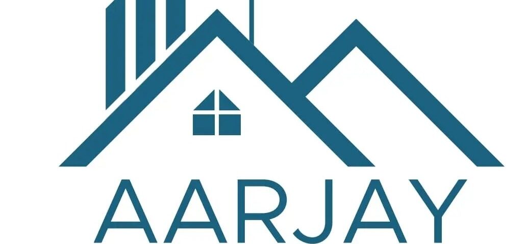 AARJAY Homes logo featuring stylized house rooftops, a window icon, and a modern building outline above the brand name with the tagline “Quality meets expectations.”