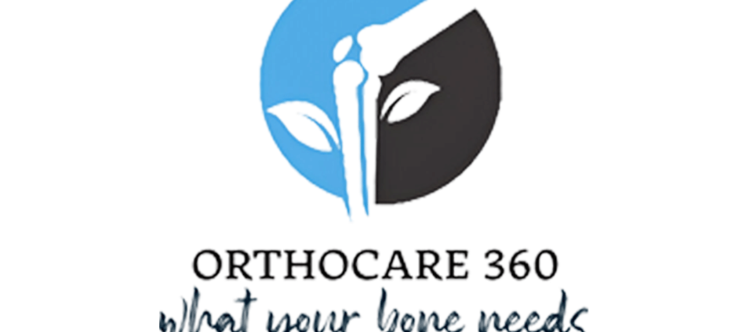 Orthocare 360 logo featuring a stylized bone illustration inside a circular blue-and-black design with leaf elements, accompanied by the tagline “what your bone needs.”