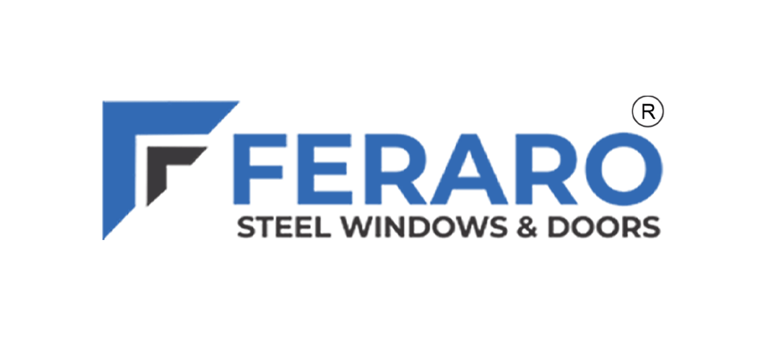 Feraro Steel Windows & Doors logo featuring a blue geometric “F” symbol and bold blue typography.