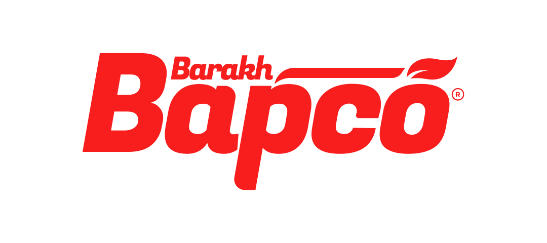 Barakh Bapco logo in bold red lettering with a stylized leaf design above the letter “o.”