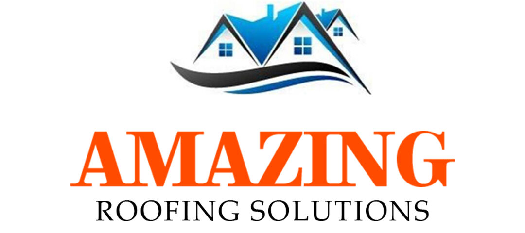 Logo featuring two blue-roofed houses with stylized swoosh lines beneath them and the text “AMAZING Roofing Solutions” below.